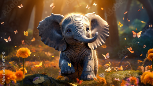 Happy Baby Elephant in Magical Forest Ai Generated photo