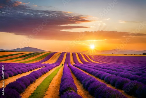 Picturesque summer nature landscape and agriculture area. Popular travel and photography place with beautiful purple lavender fields at sunset, Valensole, Provence, France, Europe,