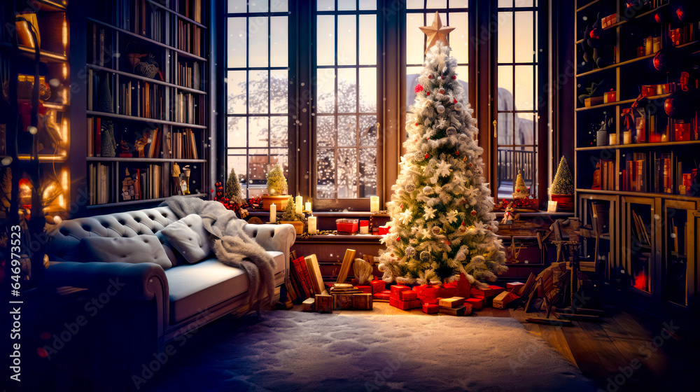 Living room with christmas tree in the corner and presents on the floor.