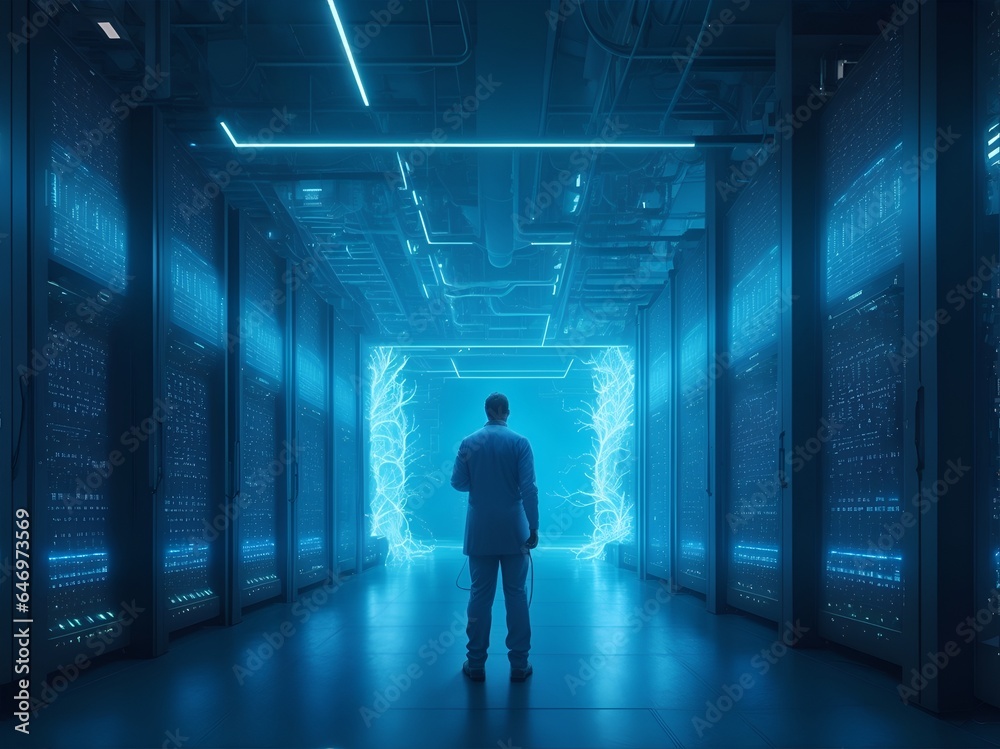 human standing in glowing blue vast data center human standing in glowing blue vast data center