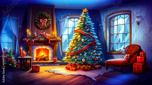 Christmas tree in living room with fire place and fireplace. © Констянтин Батыльчук