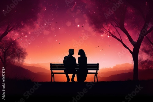Silhouette couple sitting on a bench at sunset, in the style of dreamlike illustration