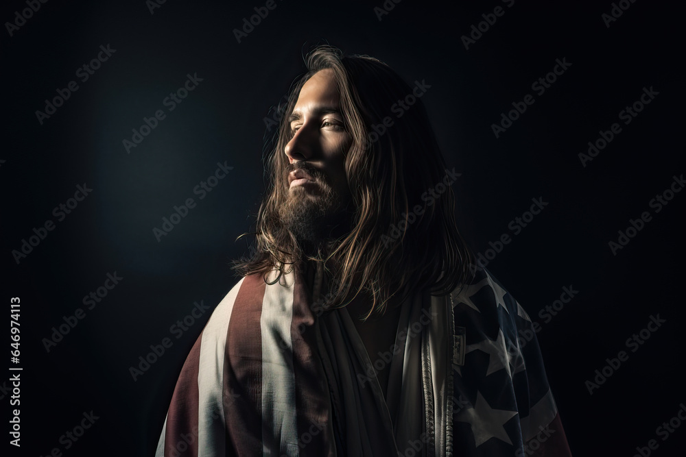 Jesus Christ draped in an American flag, long haired man with beard, shining heavenly light Jesus Christ draped in an American flag, long haired man with beard, shining heavenly light