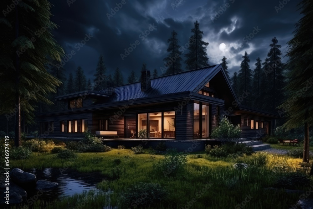 A modern cabin, bathed in moonlight, nestled amidst dense woods by a serene pond. A modern cabin, bathed in moonlight, nestled amidst dense woods by a serene pond.