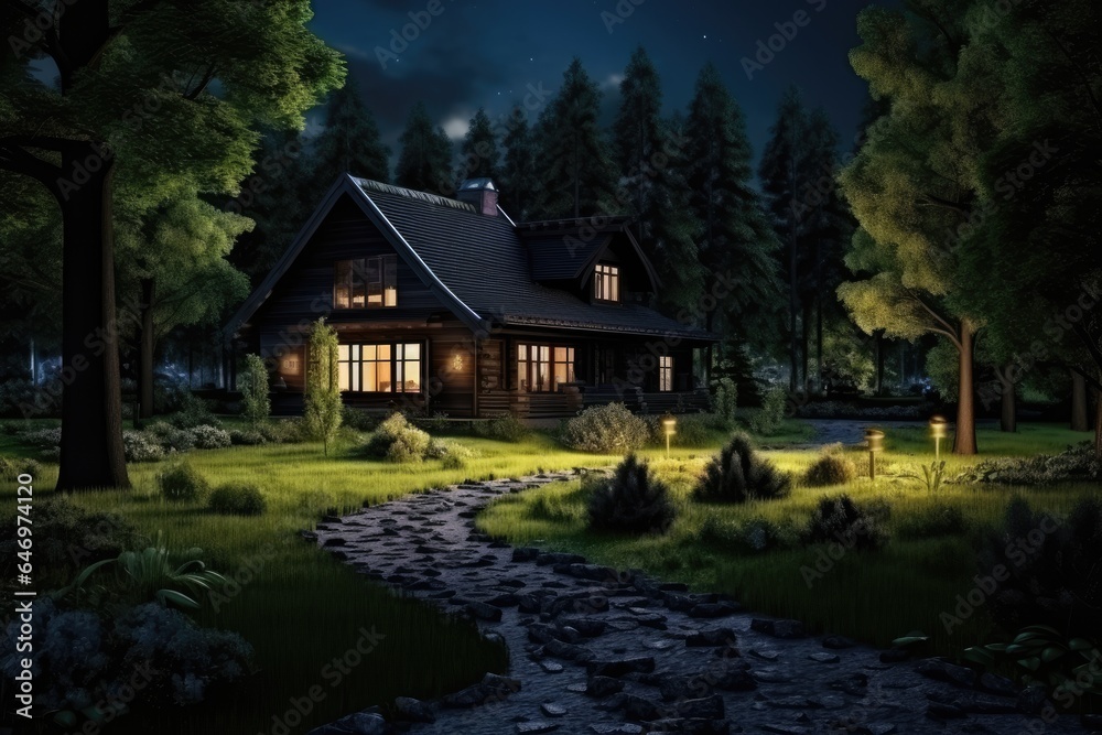 A cozy cabin under a starlit sky, nestled amidst the woods, inviting with its warmly lit porch. A cozy cabin under a starlit sky, nestled amidst the woods, inviting with its warmly lit porch.