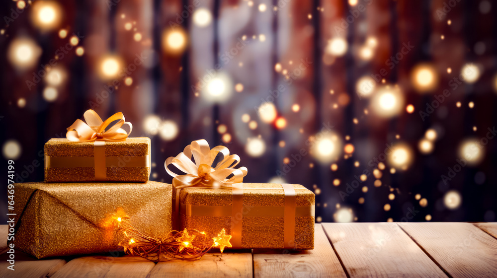 Two wrapped presents sitting on top of wooden table next to string of lights. Two wrapped presents sitting on top of wooden table next to string of lights.