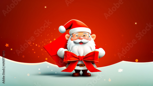Santa clause holding red sign with red bow on it's chest.