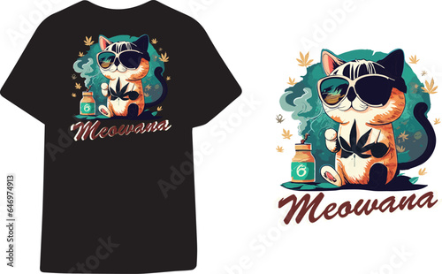 t shirt design cute chibi cat infused with weed logo and smoke with text 'meowana", conceptual art, illustration, vibrant