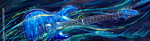 Abstract acrylic painting of blue electric guitar. Colorful waves in the background symbolize music.