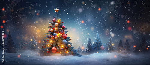 Fotografie, Tablou árboles de navidad con bolas iluminadas y estrella en su parte superior en paisa