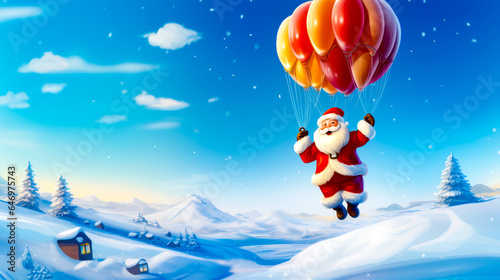 Santa claus is flying in the sky with balloons in his hand and bunch of balloons in his hand.