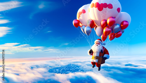 Santa clause is flying in the sky with bunch of heart balloons.