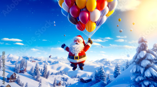 Santa clause is flying in the sky with balloons in his hand and bunch of other balloons in his hand.