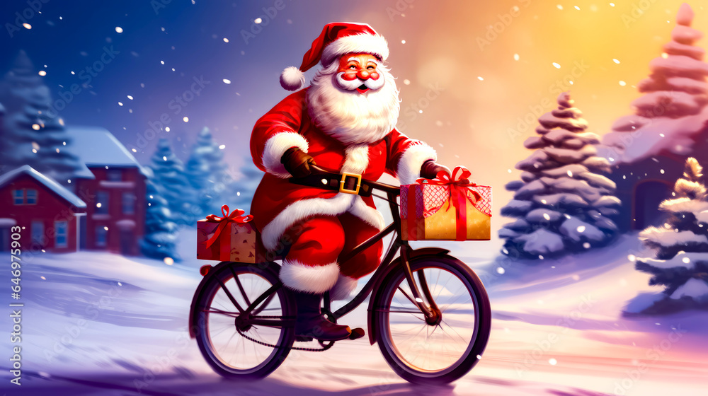 Santa clause riding bike with christmas present on the back of it.