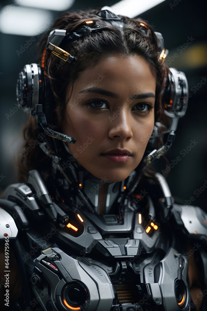 Cybrog woman with robotic body close up, futuristic armor Cybrog woman with robotic body close up, futuristic armor