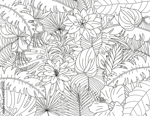 Coloring page made of tropical flowers and leaves. The best activity to relieve stress. © Инна Левицкая