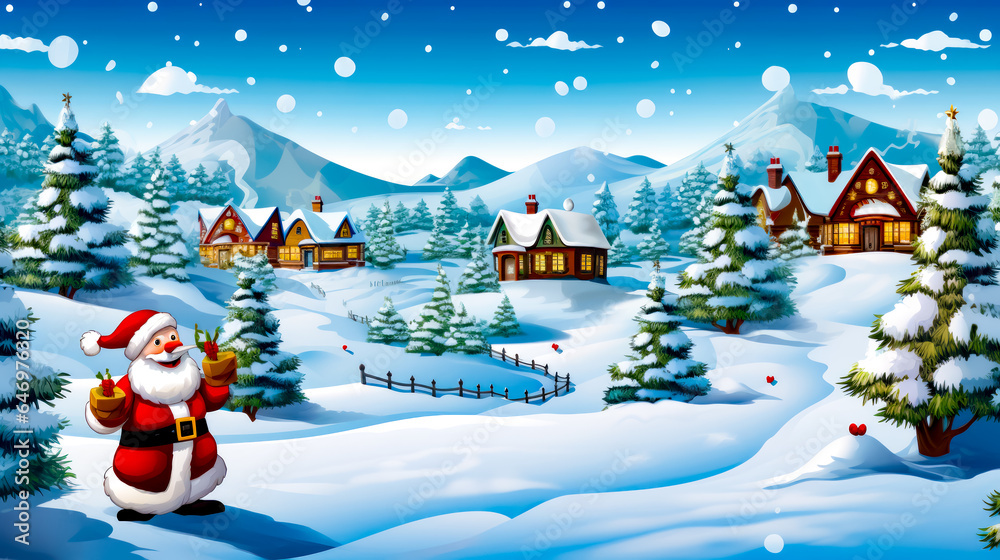 Cartoon christmas scene with snowman in the foreground and snowy village in the background.