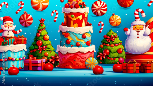 Christmas cake surrounded by christmas trees and candy canes on blue background.