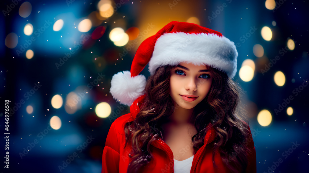 Young girl wearing santa hat in front of christmas tree with lights. Young girl wearing santa hat in front of christmas tree with lights.
