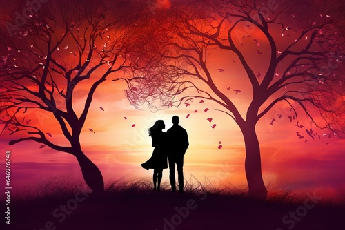 silhouettes of a couple standing together under a glowing tree