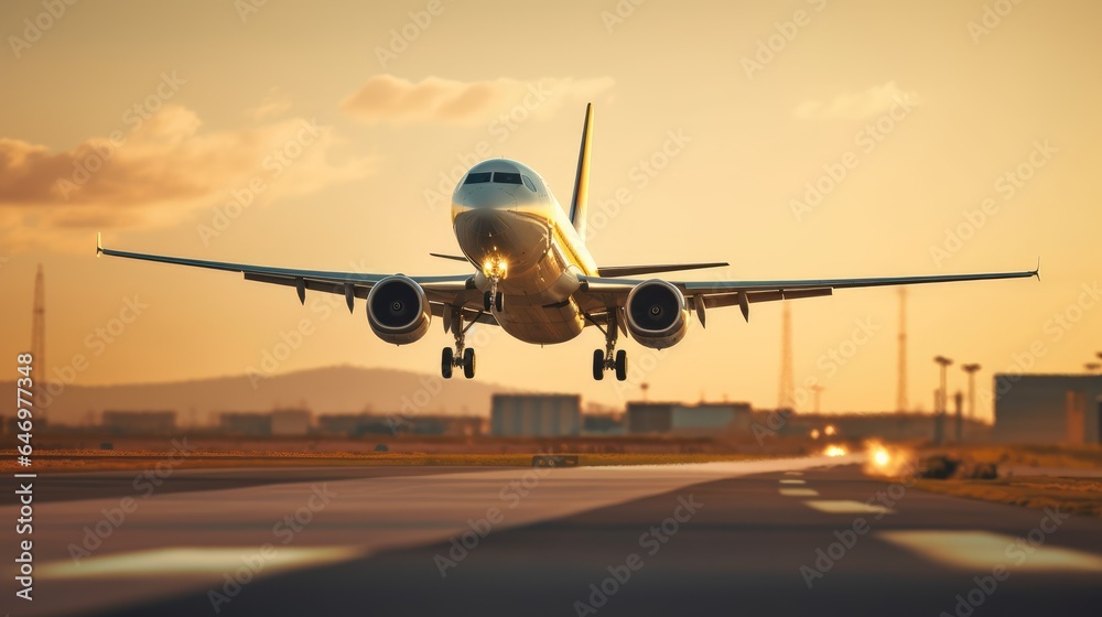 Fototapeta premium A large passenger jet takes off down an airport runway at sunset
