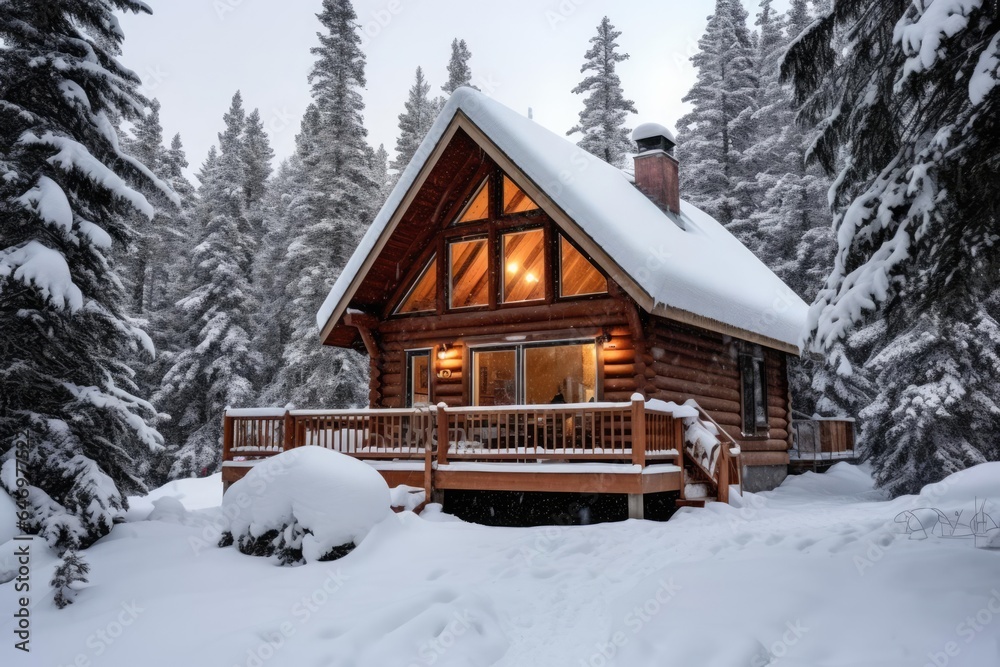 Naklejka premium A cozy mountain cabin covered in snow