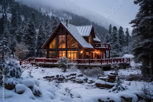 A cozy mountain cabin covered in snow