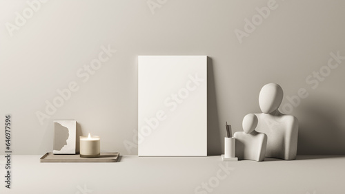 Blank Canvas on a gentle grey wall with nice beige elements. 3D rendering