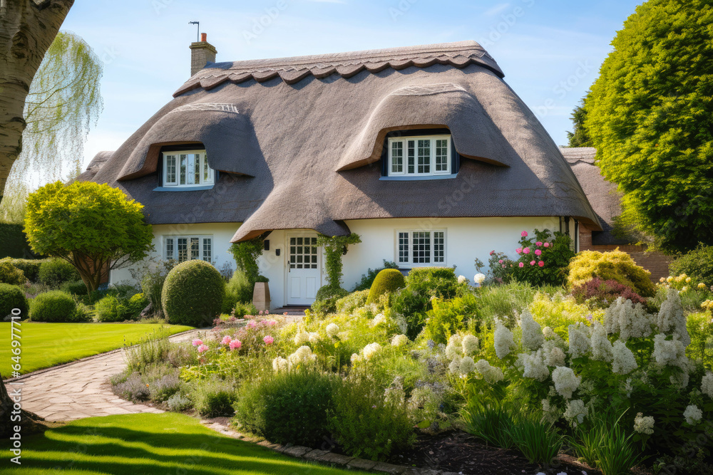 Cottagecore styled house with thatched roof and beautiful garden on a sunny day