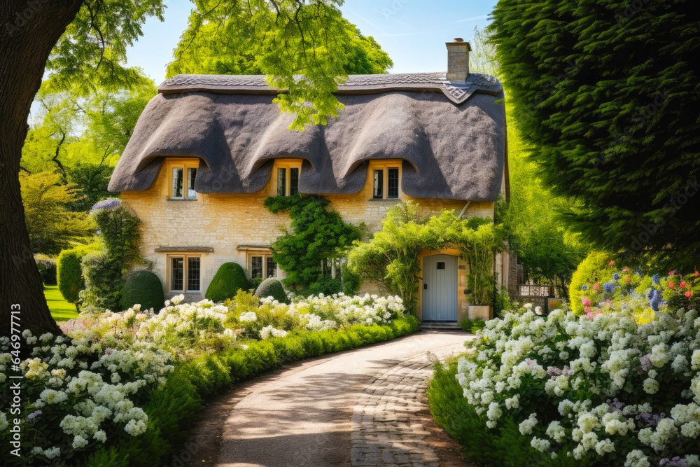 Cottagecore styled house with thatched roof and beautiful garden on a sunny day