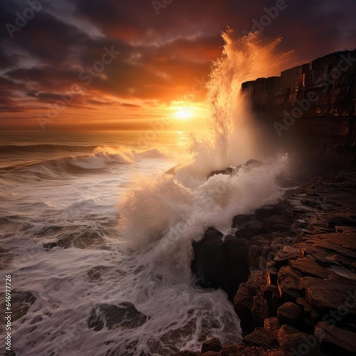 A dramatic sunset over a coastal cliff with crashing waves below