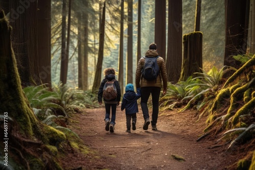 A family of travelers hiking through a dense forest trail