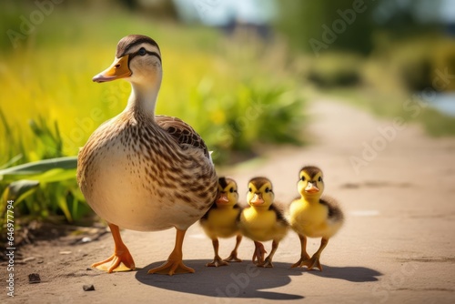 A group of ducklings following closely behind their protective mother