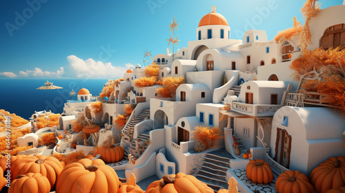Halloween night time in Santorini Greece wallpaper in paper art and craft design concept and animation decorate by pumpkin. Created using generative AI.