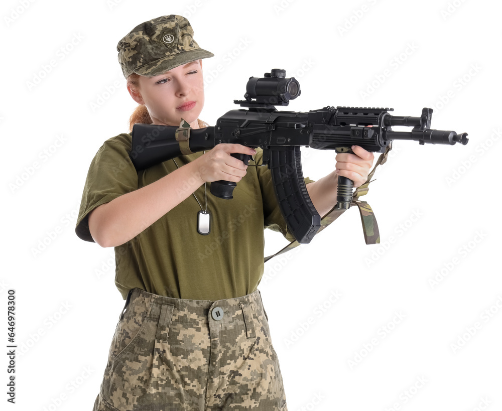 Young female soldier with assault rifle isolated on white Young female soldier with assault rifle isolated on white