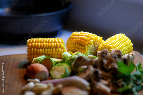 Corn mushrooms brussel sprouts and shallot collection.