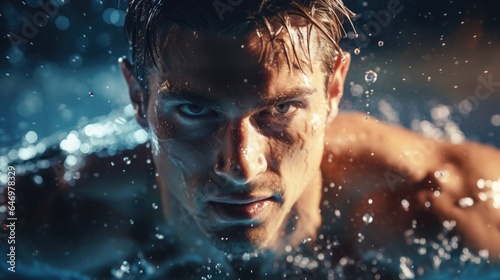 A male swimmer in swimming goggles swims in the pool. Dynamic close-up