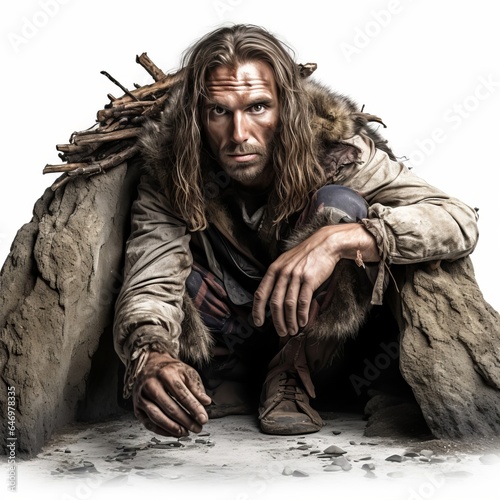 A man with long hair sitting inside a mysterious cave