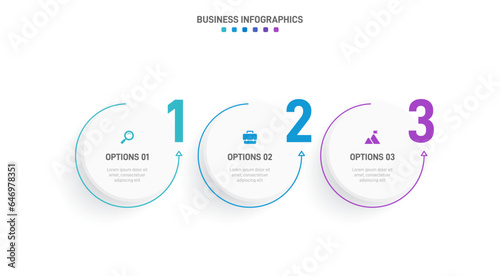 Timeline infographic with infochart. Modern presentation template with 3 spets for business process. Website template on white background for concept modern design. Horizontal layout.