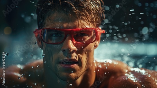 A male swimmer in swimming goggles swims in the pool. Dynamic close-up