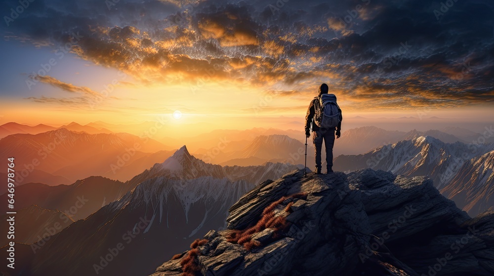 Obraz premium Fictional Hiker Stands at the Summit of a Difficult Mountain