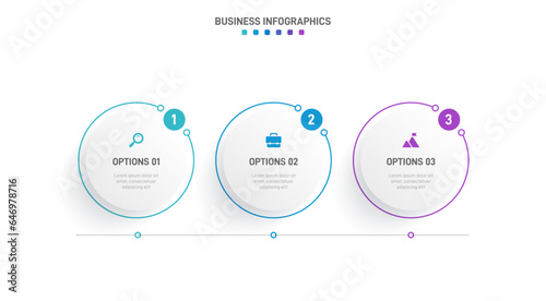 Timeline infographic with infochart. Modern presentation template with 3 spets for business process. Website template on white background for concept modern design. Horizontal layout.