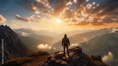 Fictional Hiker Stands at the Summit of a Difficult Mountain