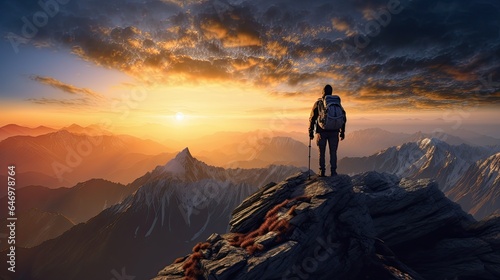 Fictional Hiker Stands at the Summit of a Difficult Mountain