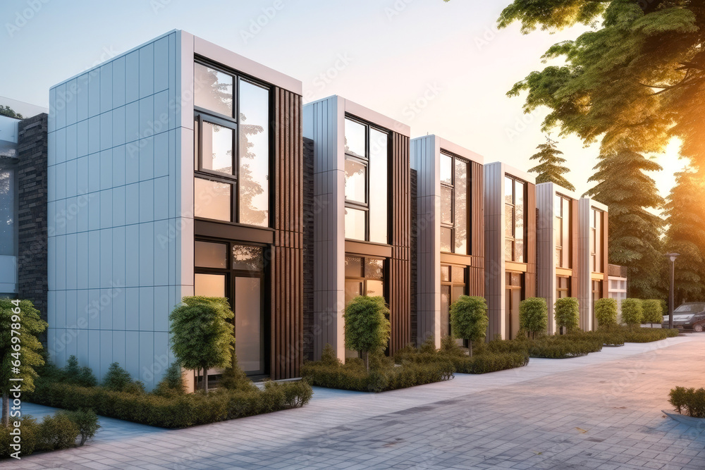 Modern modular private townhouses. Residential minimalist architecture exterior. A very modern neighborhood, late afternoon or morning shot