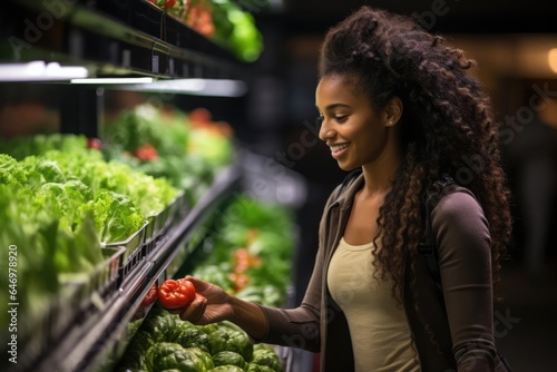 detailed image of a woman carefully selecting fresh produce in a brightly lit supermarket