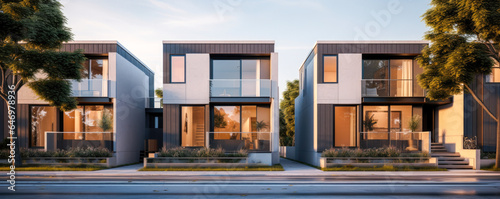 Modern modular private townhouses. Residential minimalist architecture exterior. A very modern neighborhood, late afternoon or morning shot © MVProductions