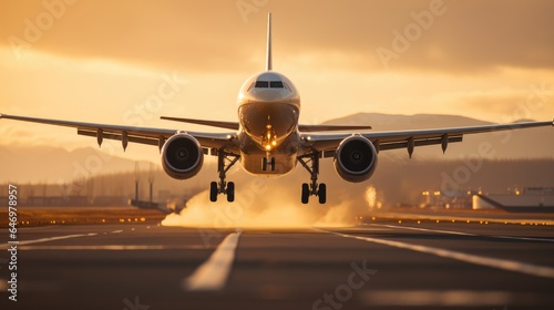 A large passenger jet takes off down an airport runway at sunset