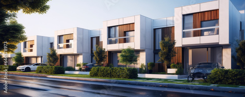 Modern modular private townhouses. Residential minimalist architecture exterior. A very modern neighborhood, late afternoon or morning shot © MVProductions