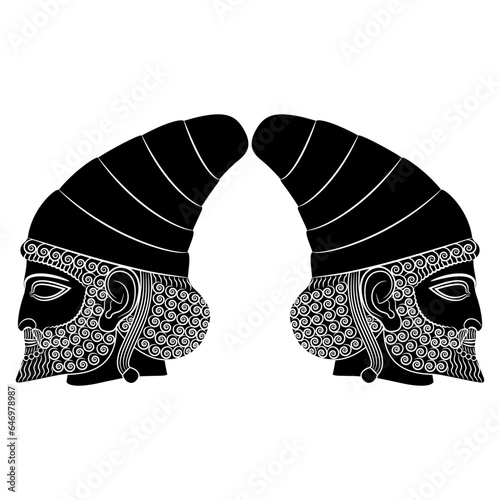 Symmetrical ethnic design with two heads in profile of ancient Persian men from Persepolis. Male portrait of a bearded Achaemenid hero from Iran. Black and white silhouette.